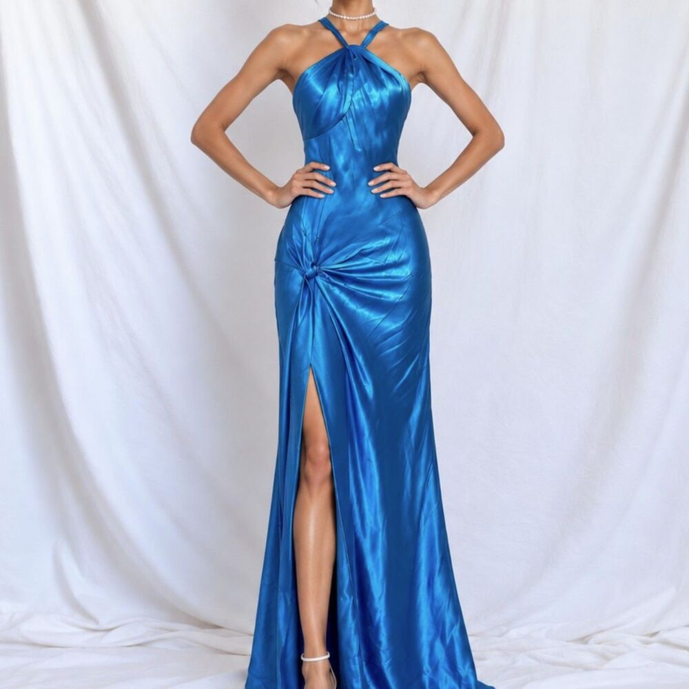Blue Satin Halter Neck Pleated Side Slit Formal Prom Maxi Dress Size 4/S